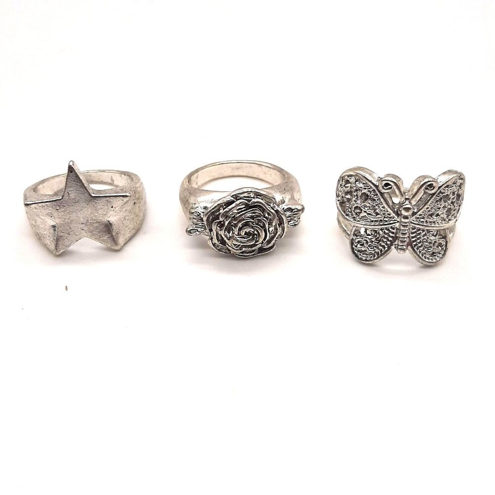 Urban Outfitters 3 Silver Tone Rings Star Rose Butterfly  sz 7 Y2K layers whimsy